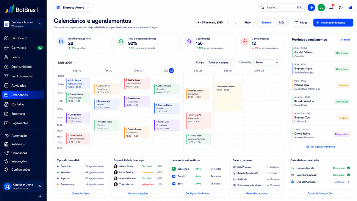 Calendário de agendamento online da BotBrasil com horários disponíveis e confirmação automática — BotBrasil para dentistas