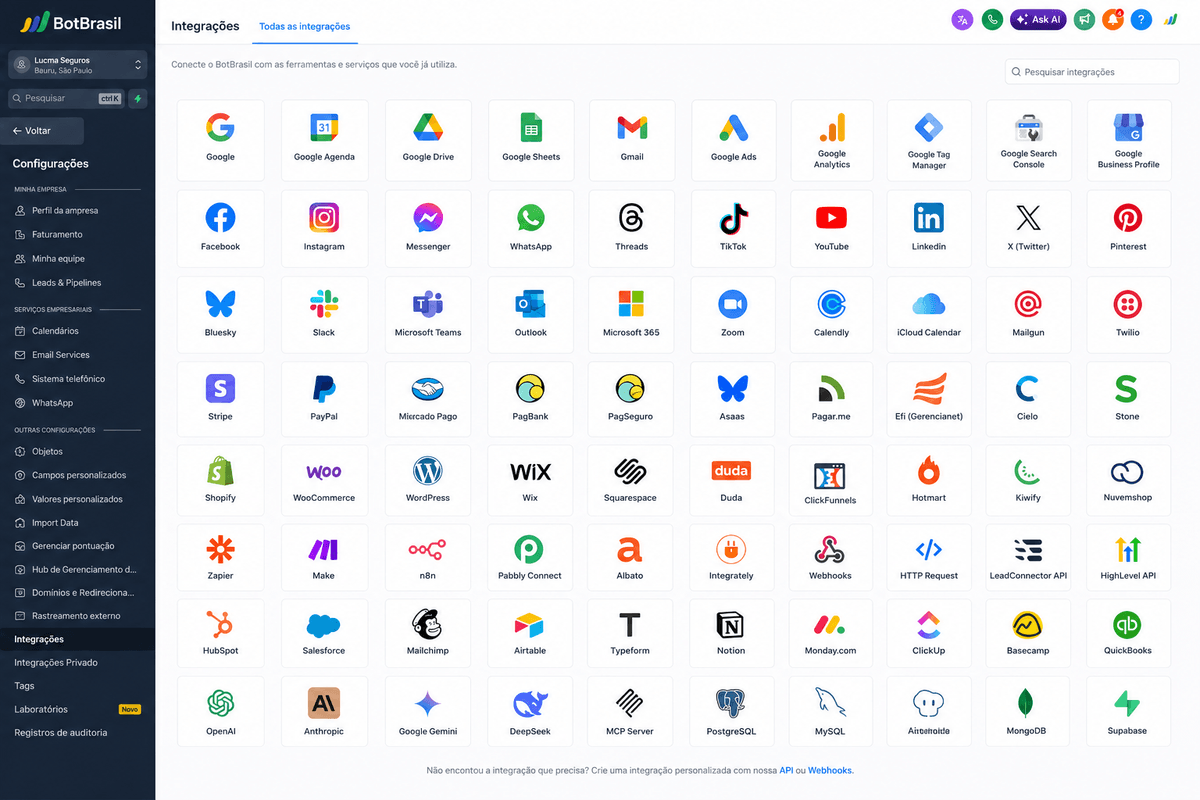 Integrações nativas via API com CRMs, ERPs e marketplaces — BotBrasil para dentistas