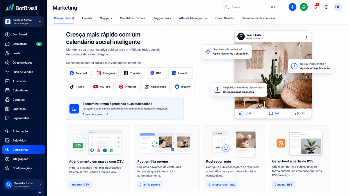 Painel de marketing da BotBrasil com gestão de redes sociais, campanhas e relatórios de conversão — BotBrasil para dentistas
